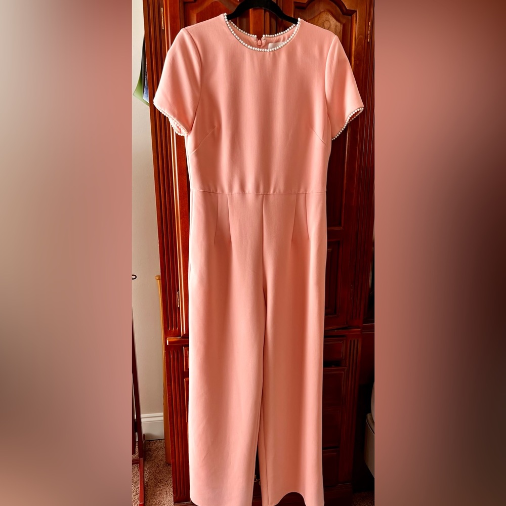 Dressy Pink Jumpsuit with pearl trim.